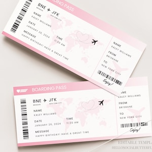 Carte d'embarquement rose Billet de voyage rose Billet cadeau de voyage surprise rose Billet de vacances rose Billet de vacances rose Billet d'avion rose Canva, 078