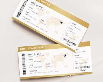 Modello di carta d'imbarco modificabile, biglietto aereo stampabile, biglietto aereo personalizzato, regalo di viaggio a sorpresa, biglietto di viaggio oro, Canva, 002