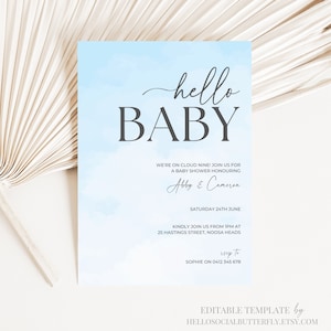 EDITABLE On Cloud Nine Baby Shower Invitation We’re On Cloud 9 Baby Shower Invite Hello Baby Blue Cloud Neutral Minimalist Invitation, 023