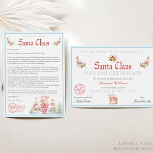 Carta oficial de Papá Noel Paquete de certificado de lista agradable Correo del Polo Norte Caja de Nochebuena personalizada Plantilla de Canva de regalo de Papá Noel, 066