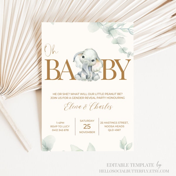 EDITABLE Elephant Gender Reveal Invitation Baby Elephant Gender Reveal Invite Neutral Invite Boho Gender Reveal Elephant Little Peanut, 025