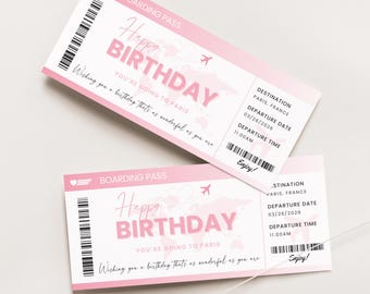 Modello di biglietto per viaggio di compleanno a sorpresa, carta d'imbarco di compleanno modificabile, biglietto aereo di compleanno, biglietto aereo personalizzato Canva, 002