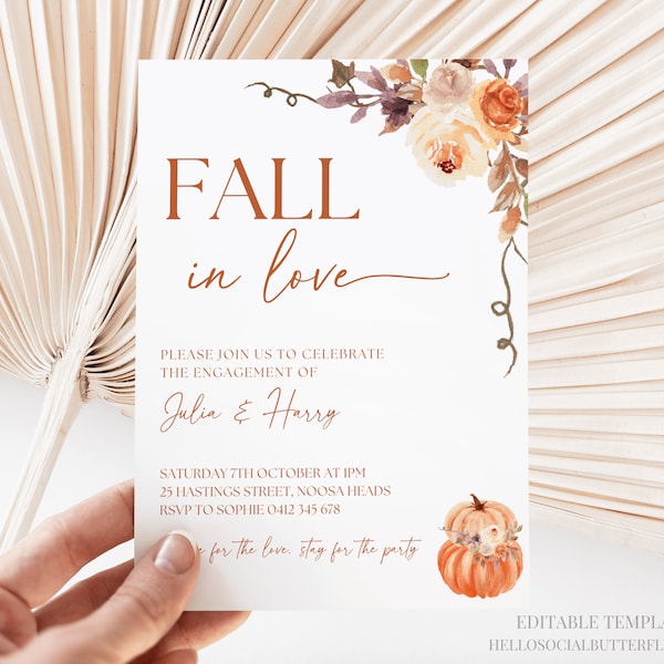 Fall In Love Engagement Party Invitation Fall Engagement Party Invite Autumn Engagement Party Invitation Pumpkin Couples Shower Canva, 060