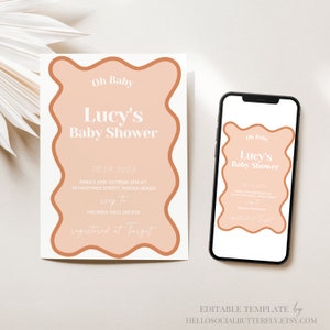 EDITABLE Wavy Baby Shower Invitation And Evite Curve Baby Shower Invite And iPhone Electronic Invitation Scalloped Edge Canva, 002
