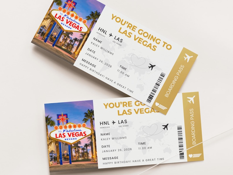 Cartão de Embarque para Las Vegas, Viagem Surpresa para Las Vegas, Bilhete de Presente para Las Vegas, Bilhete Personalizado para Las Vegas, Bilhete de Férias para Las Vegas, Canva, 002 imagem 1