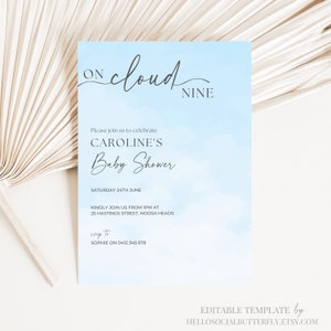 EDITABLE On Cloud Nine Baby Shower Invitation We’re On Cloud 9 Baby Shower Invite Oh Baby Blue Cloud Neutral Minimalist Invitation, 023