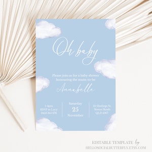 EDITABLE On Cloud Nine Baby Shower Invitation We’re On Cloud 9 Baby Shower Invite Oh Baby Blue Cloud Neutral Minimalist Invitation, 023