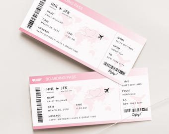 Modelo de cartão de embarque editável, bilhete de avião imprimível, bilhete de companhia aérea personalizado, presente de viagem surpresa, bilhete de viagem dourado, Canva, 002