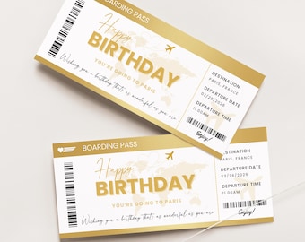 Modello di biglietto per viaggio di compleanno a sorpresa, carta d'imbarco di compleanno modificabile, biglietto aereo di compleanno, biglietto aereo personalizzato Canva, 002