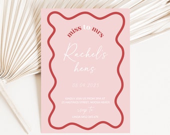 EDITABLE Pink & Red Bridal Shower Wavy Invitation, Wavy Hens Party, Hen Weekend Shower, Wavy Bachelorette Party, Wavy Invitation, 002