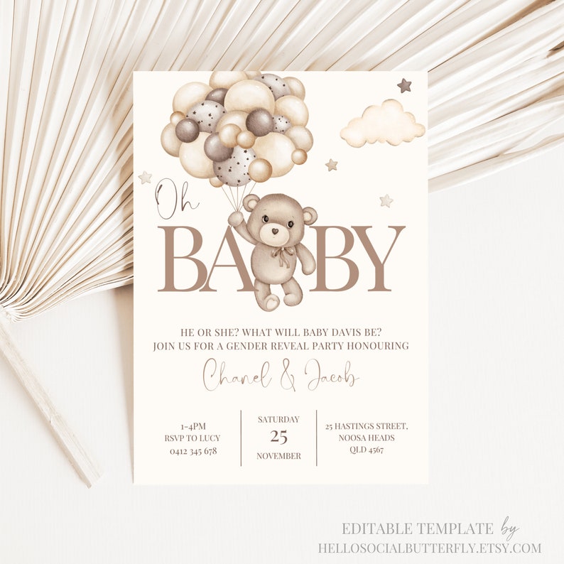 Teddy Bear Gender Reveal Invitation We Can Bearly Wait Invite Etsy