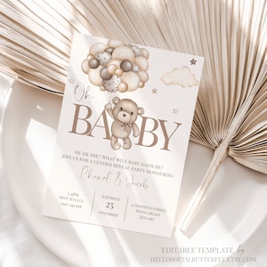 Teddy Bear Gender Reveal Invitation We Can Bearly Wait Invite Gender Neutral Invite Boho Bear avec des ballons garçon ou fille He Or She Canva, 022