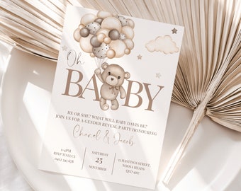 Teddy Bear Gender Reveal Invitation We Can Bearly Wait Invite Gender Neutral Invite Boho Bear With Balloons Boy Or Girl He Or She Canva, 022