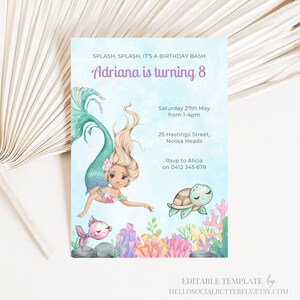 EDITABLE Mermaid Birthday Invitation, Little Mermaid Invitation, Mermaid Invite, Mermaid Invitation, Mermaid Party Canva, 019