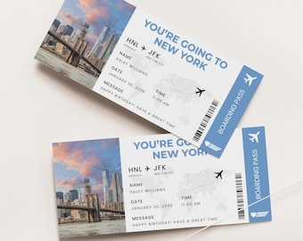 Bilhete surpresa para Nova York, Cartão de embarque para Nova York, Viagem surpresa para Nova York, Bilhete personalizado para Nova York, Férias em Nova York, Canva, 002