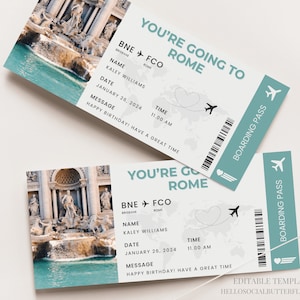 Carte d'embarquement à Rome Billet de voyage à Rome Billet cadeau de voyage surprise à Rome Voyage à Rome Vacances à Rome Billet d'avion de vacances à Rome Voyage en Italie Canva, 078