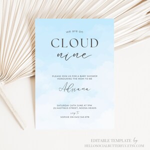EDITABLE On Cloud Nine Baby Shower Invitation We’re On Cloud 9 Baby Shower Invite Oh Baby Blue Cloud Neutral Minimalist Invitation, 023