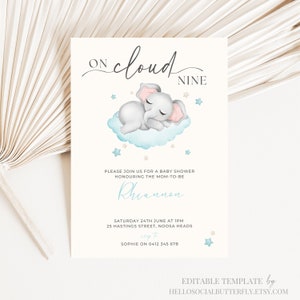 EDITABLE On Cloud Nine Baby Shower Invitation We’re On Cloud 9 Baby Shower Invite Oh Baby Blue Cloud Neutral Minimalist Invitation, 023