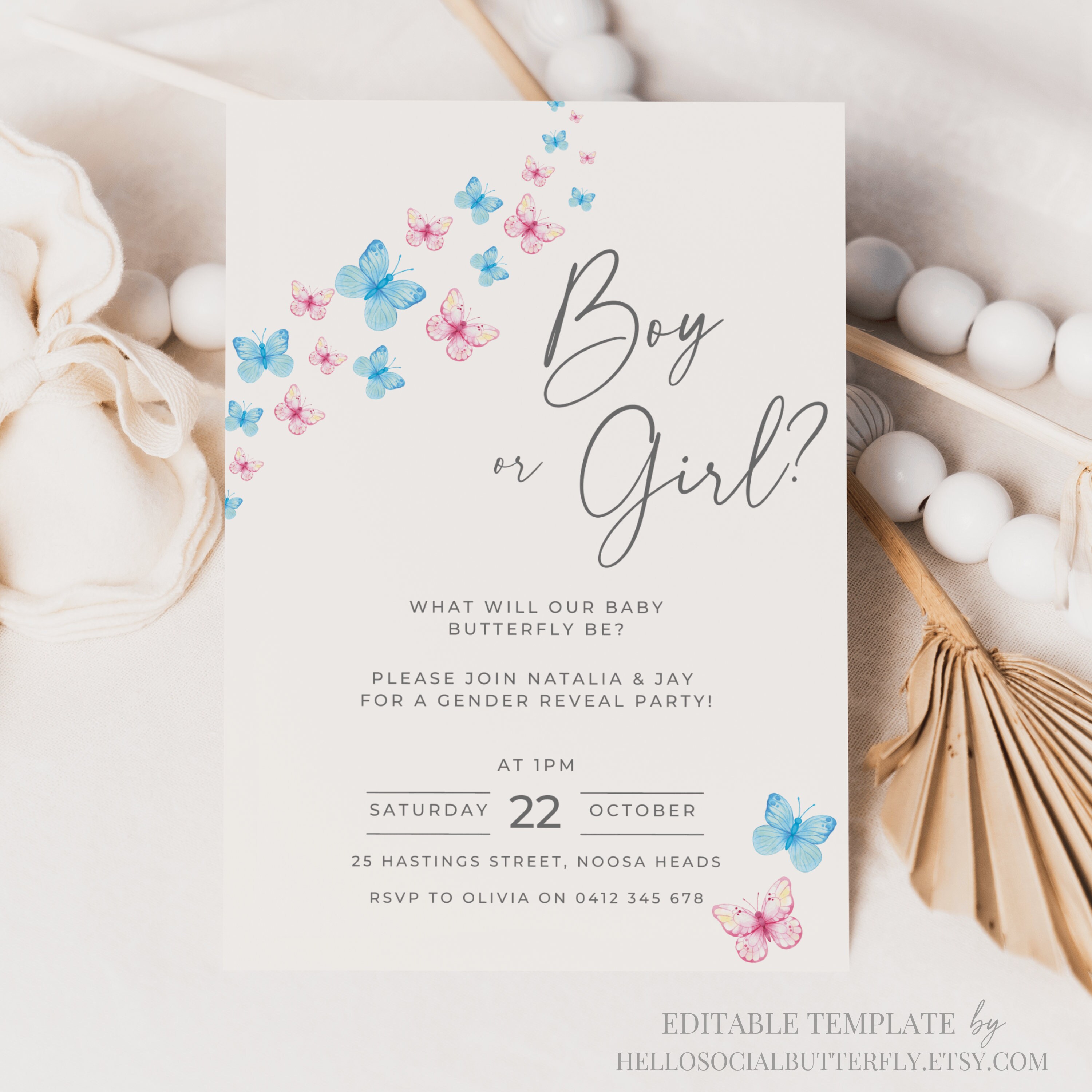 EDITABLE Butterfly Gender Reveal Invitation Gender Reveal Invitation