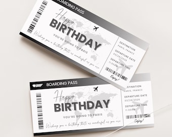 Modello di biglietto per viaggio di compleanno a sorpresa, carta d'imbarco di compleanno modificabile, biglietto aereo di compleanno, biglietto aereo personalizzato Canva, 002