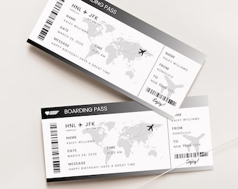 Modello di carta d'imbarco modificabile, biglietto aereo stampabile, biglietto aereo personalizzato, regalo di viaggio a sorpresa, biglietto di viaggio nero, Canva, 002