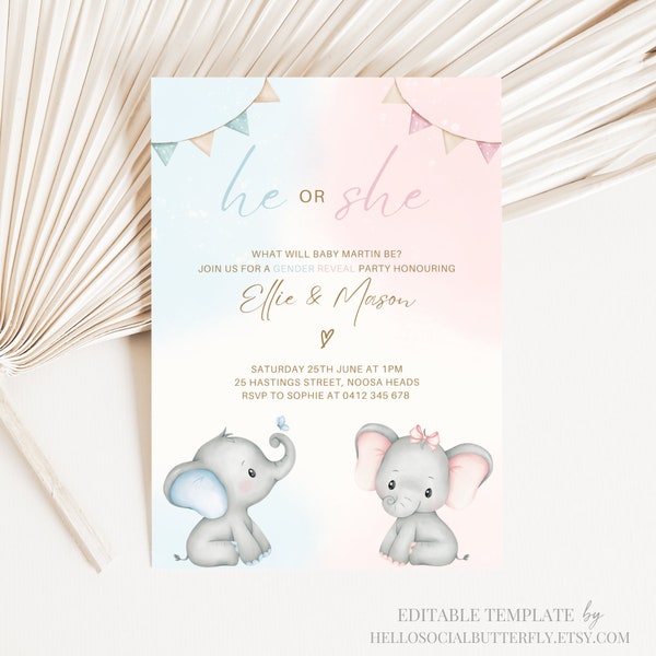 EDITABLE Elefante Género Revelar Invitación Bebé Elefante Género Revelar Invitar Azul o Rosa Niño o Niña Él o Ella Elefante Pequeño Maní, 025