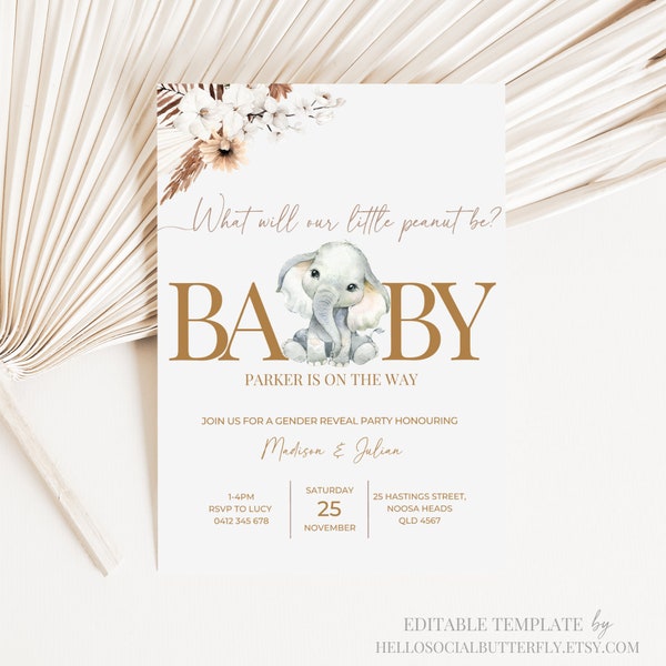 EDITABLE Elephant Gender Reveal Invitation Baby Elephant Gender Reveal Invite Neutral Invite Boho Gender Reveal Elephant Little Peanut, 025