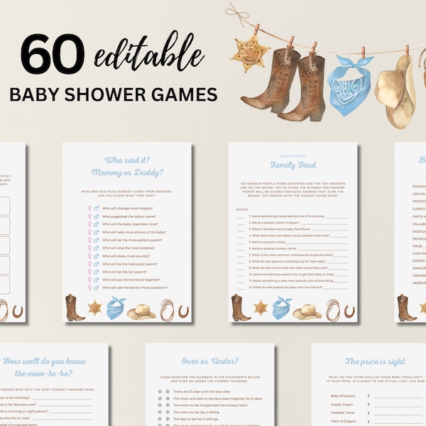 EDITABLE Little Cowboy Baby Shower Games Country Western Wild West Baby Shower Games Bundle Cowboy Baby Shower Signs Canva Templates, 035