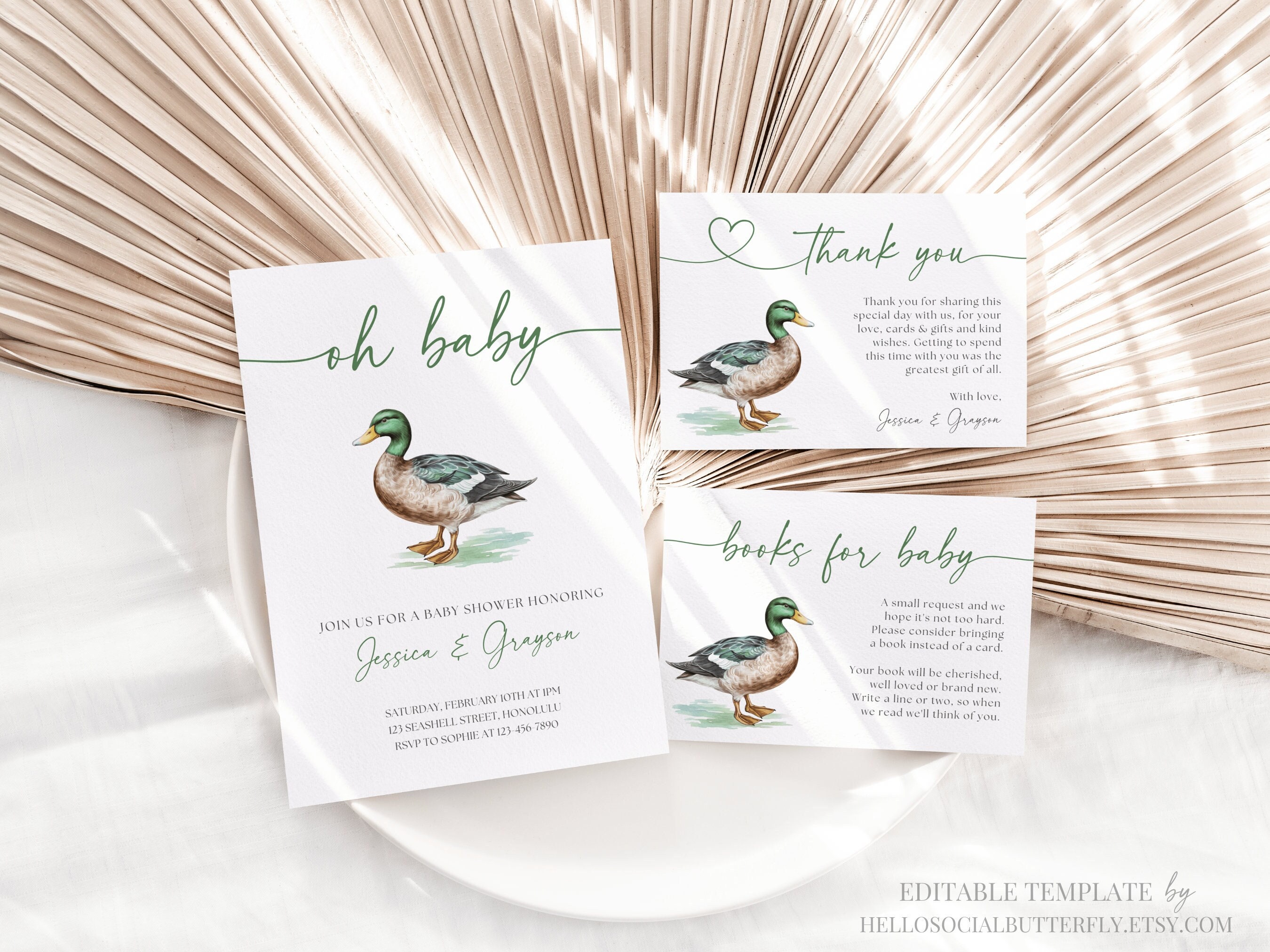 Mallard Duck Baby Shower Invitation Green Duck Baby Shower Invite Duck Baby  Shower Invitation Set Gender Neutral Duckling Invite Canva, 086 - Etsy, image size:2700x2025