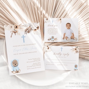 EDITABLE Teddy Bear Pampas Herbe Baptême Invitation Boho Pampas Baptême Inviter Garçon Boho Baptême Merci Carte Baptême Canva, 029