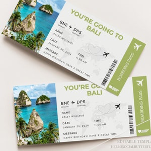 Bali Boarding Pass Bilhete de viagem de Bali Bilhete de presente de viagem surpresa de Bali Viagem de Bali Férias em Bali Bilhete de avião de férias em Bali Canva Indonésia, 078