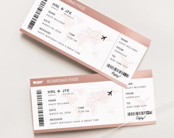 Editable Boarding Pass Template Printable Plane Ticket Personalized Airline Ticket Surprise Travel Gift Rose Gold Trip Ticket Canva, 002