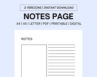 Notes Page Printable, Lined Notes Template, Note Taking, Writing Paper, Notes Planner Insert, A4/A5/Letter/Half Size, Instant Download PDF