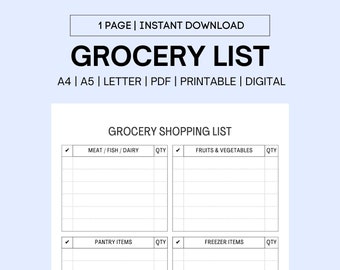Printable Grocery checklist, Online shopping list, Grocery shopping list, Weekly meal planner, To do list template, Checklist Printable, A4