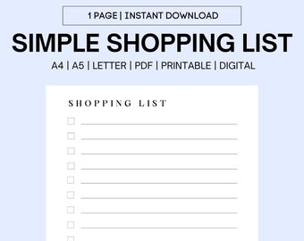 May include: A printable shopping list with a black and white design. The list has a title that says "SHOPPING LIST" and has 18 checkboxes with lines for writing.