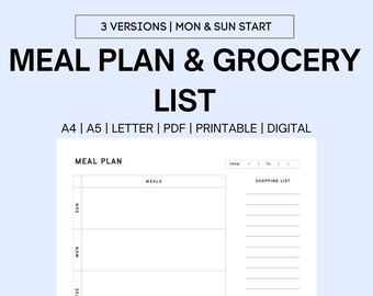 Weekly Meal Planner with Grocery List Printable Template, 7 Day Menu Plan, Food Planner, Health & Fitness, Meal planner, Checklist printable