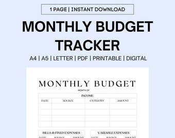 May include: A printable monthly budget tracker in black and white. The tracker includes sections for income, bills and fixed expenses, variable expenses, and a summary.