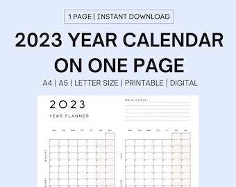 2023 Yearly Calendar Printable – Minimalist Year at a Glance Calendar, Modern 12 Month Year on One Page, Calendar Stickers, A4, A5, Letter