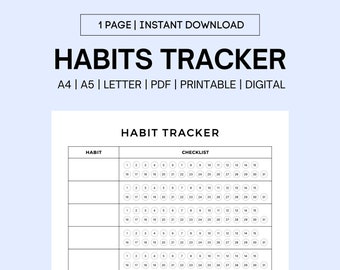 May include: A black and white printable habit tracker with a checklist for 30 days. The tracker has a section for the habit name and a note section.