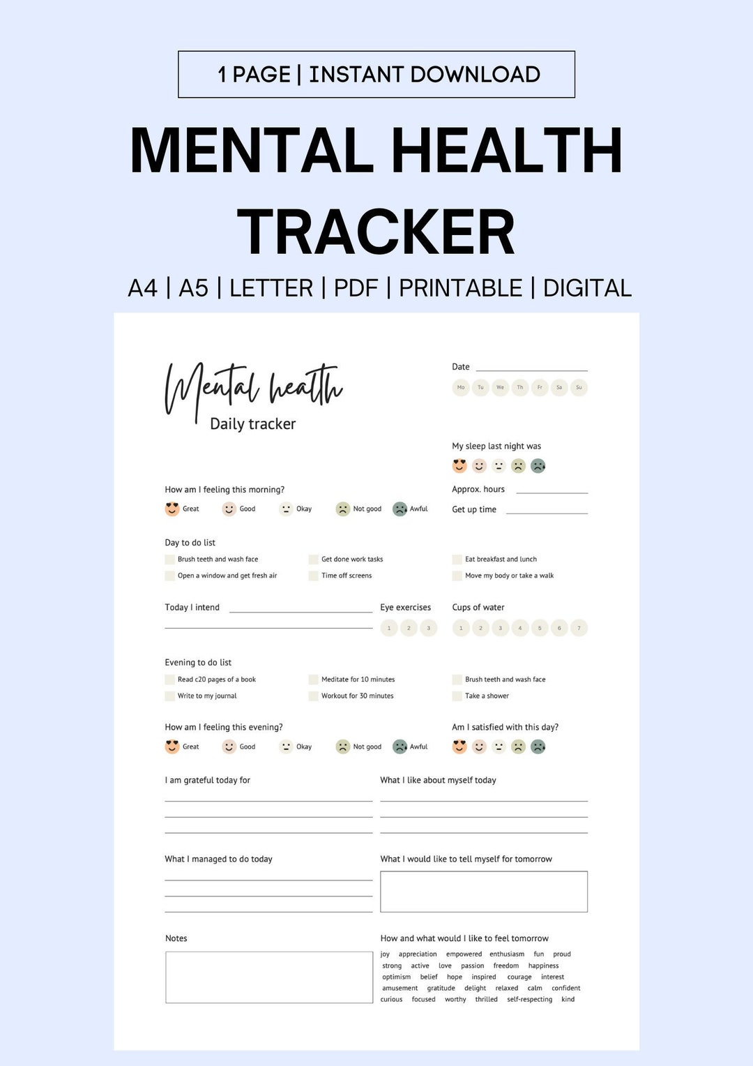 Daily Mood Tracker, Printable Mood Track PDF, Emotion Tracker, Self ...