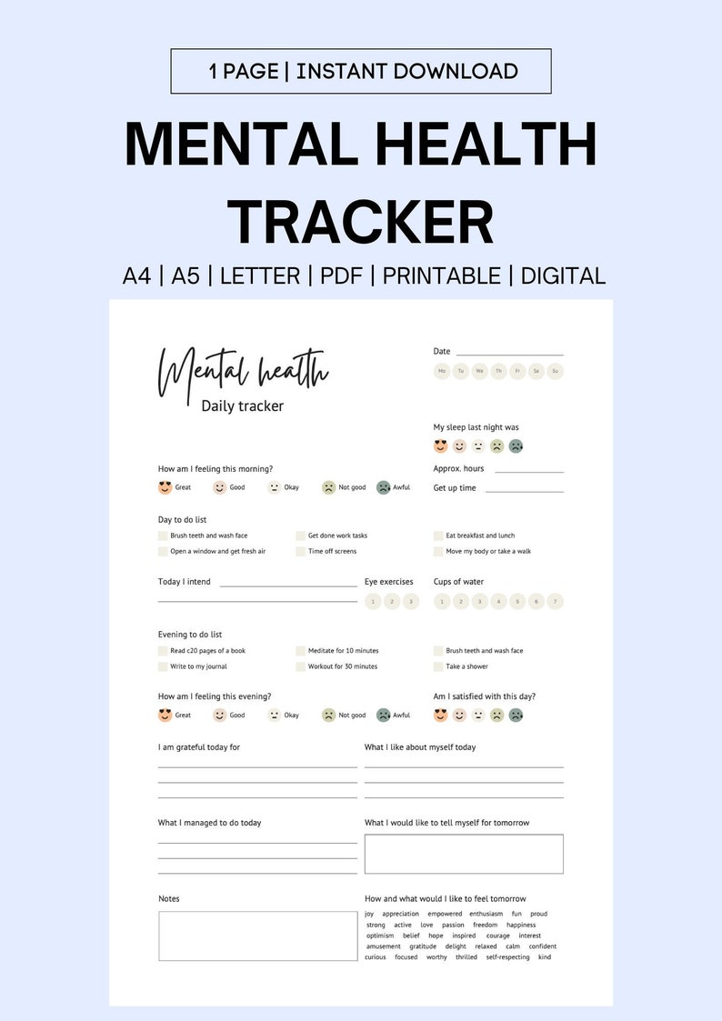 Daily Mood Tracker, Printable Mood Track PDF, Emotion Tracker, Self ...