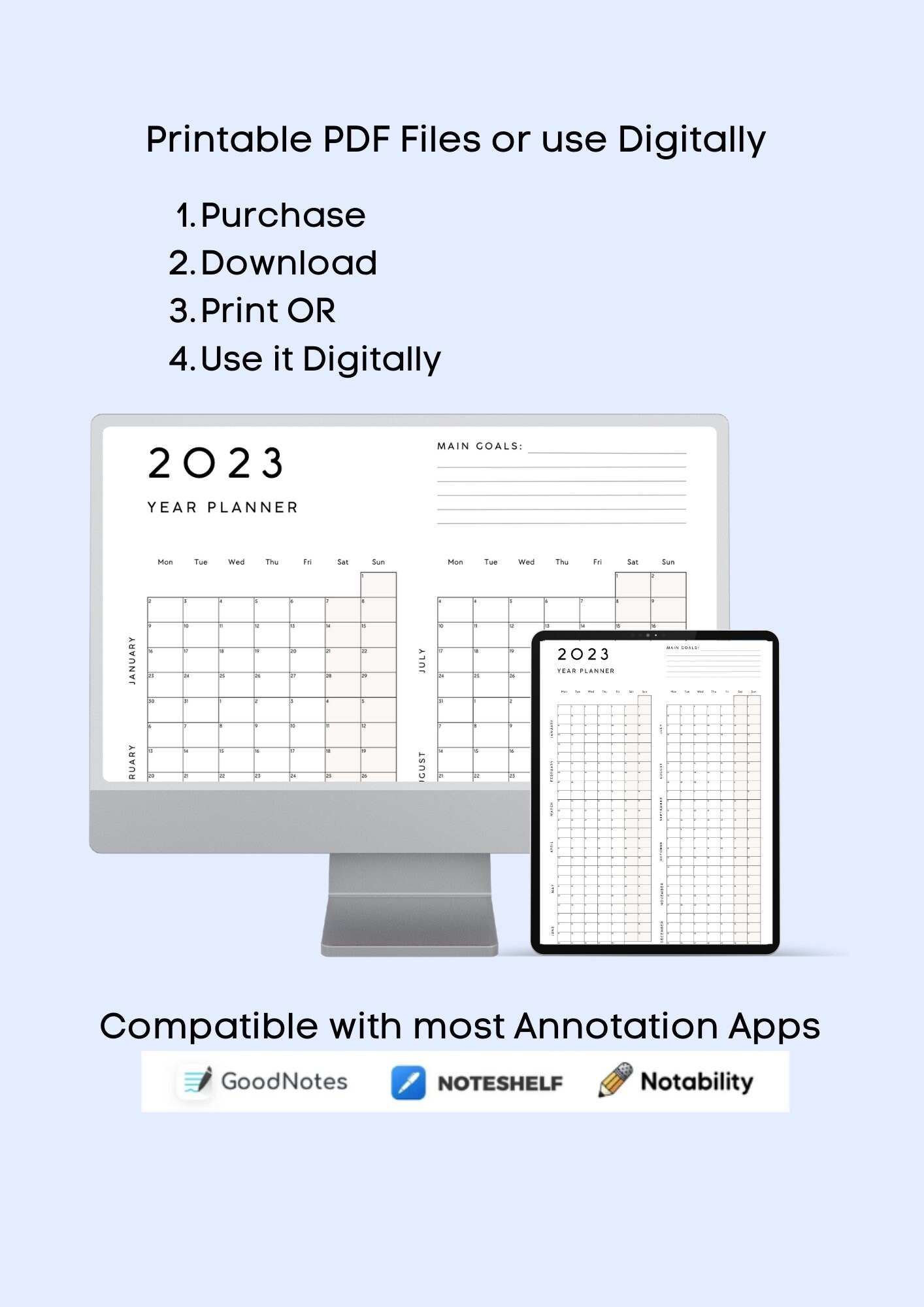 2023 Yearly Calendar Printable Minimalist Year at a Glance Calendar ...