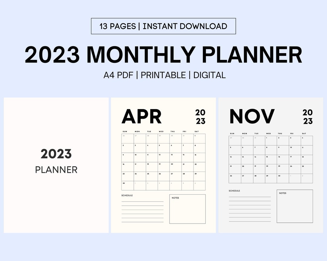 2023 Monthly Planner Printable, 2023 Calendar, Month at a Glance, A4/a5