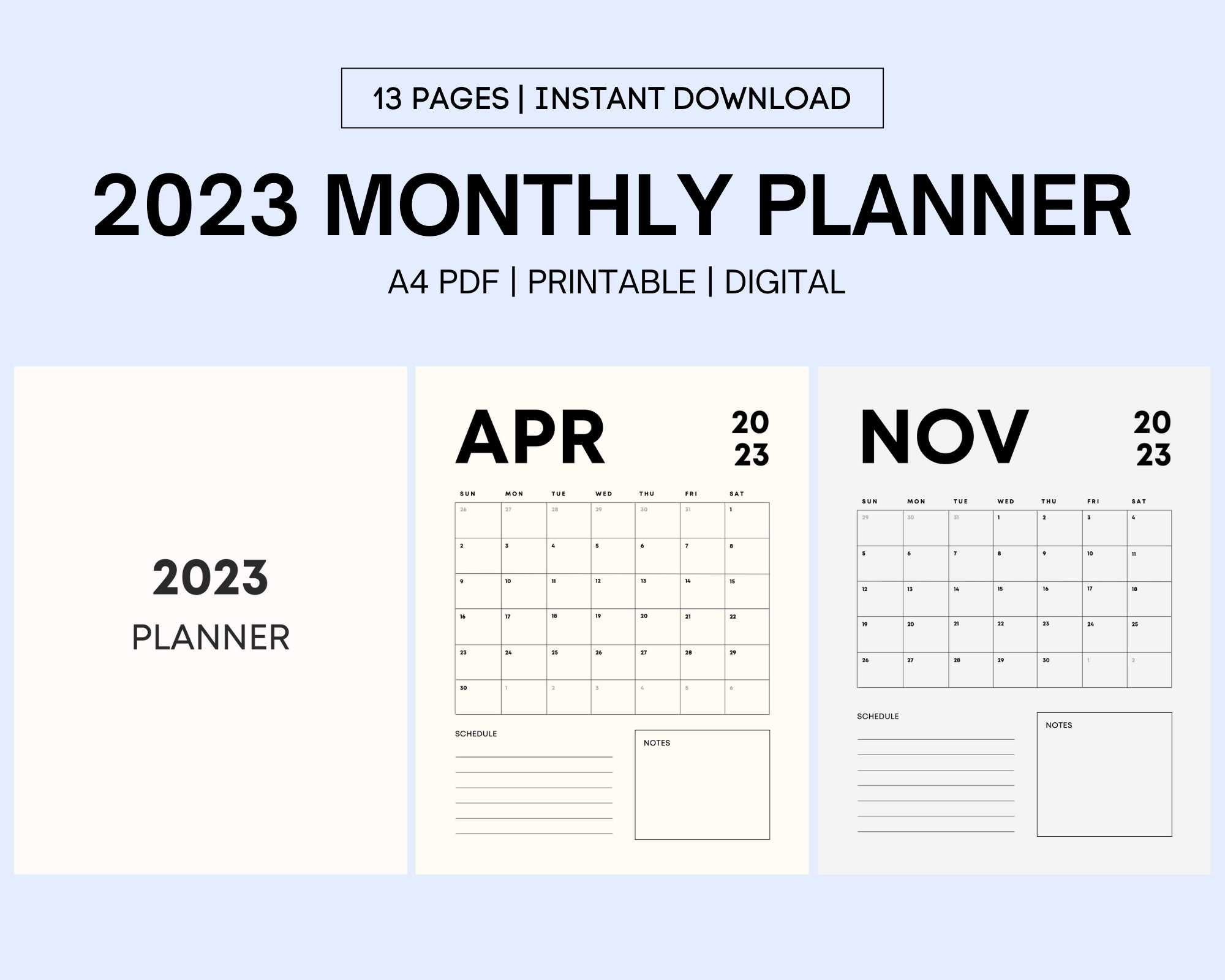 2023 Monthly Planner Printable, 2023 Calendar, Month at a Glance, A4/a5