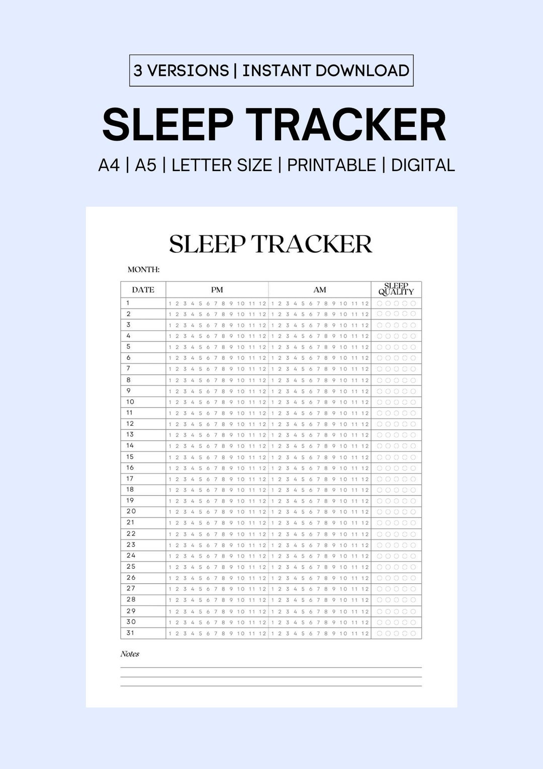 Sleep Tracker Printable, Sleep Log, Sleep Quality Journal, Sleep Hours ...
