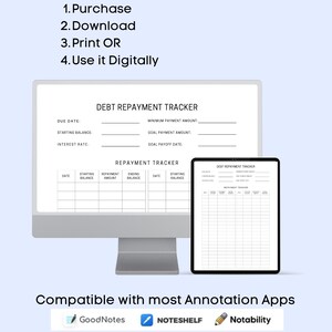 K&ouml;nnte beinhalten: Ein digitaler Schuldenr&uuml;ckzahlungstracker mit einem schwarz-wei&szlig;en Design. Der Tracker enth&auml;lt Abschnitte f&uuml;r F&auml;lligkeit, Anfangsguthaben, Zinssatz, Mindestzahlungsbetrag, Zielzahlungsbetrag, Zielauszahlungsdatum und eine Tabelle zur R&uuml;ckzahlungsverfolgung. Das Bild zeigt einen Computerbildschirm und ein Tablet, auf dem der Tracker angezeigt wird. Der Text "Druckbare PDF-Dateien oder digitale Verwendung" befindet sich oben im Bild. Der Text "Kompatibel mit den meisten Annotations-Apps" befindet sich unten im Bild. Die Texte "GoodNotes", "NOTESHELF" und "Notability" befinden sich ebenfalls unten im Bild.