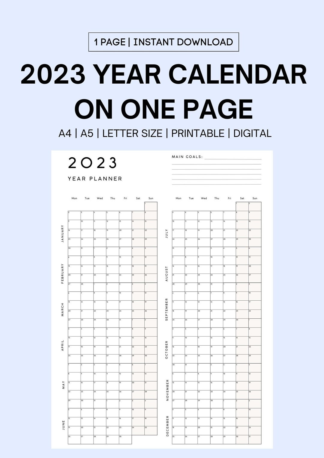 2023 Yearly Calendar Printable – Minimalist Year at a Glance Calendar ...