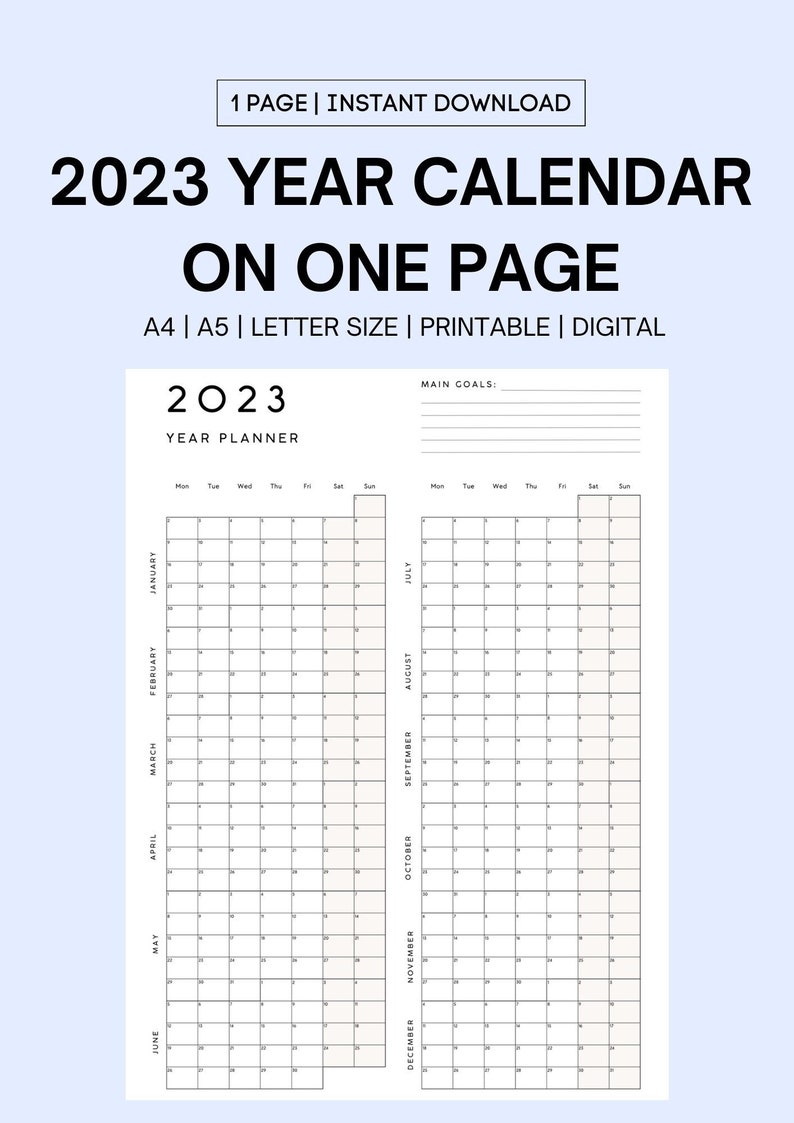 2023 Yearly Calendar Printable – Minimalist Year at a Glance Calendar ...
