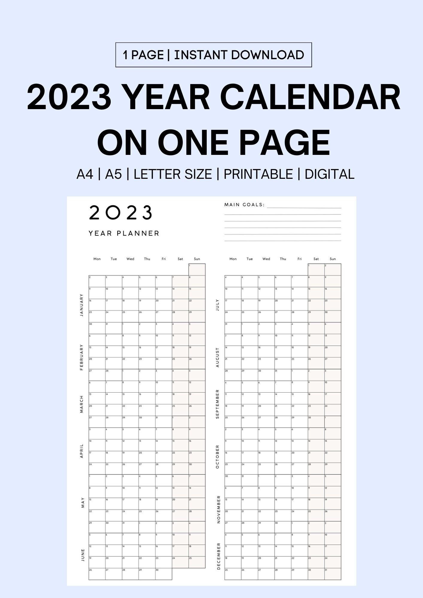 2023 Yearly Calendar Printable – Minimalist Year at a Glance Calendar ...