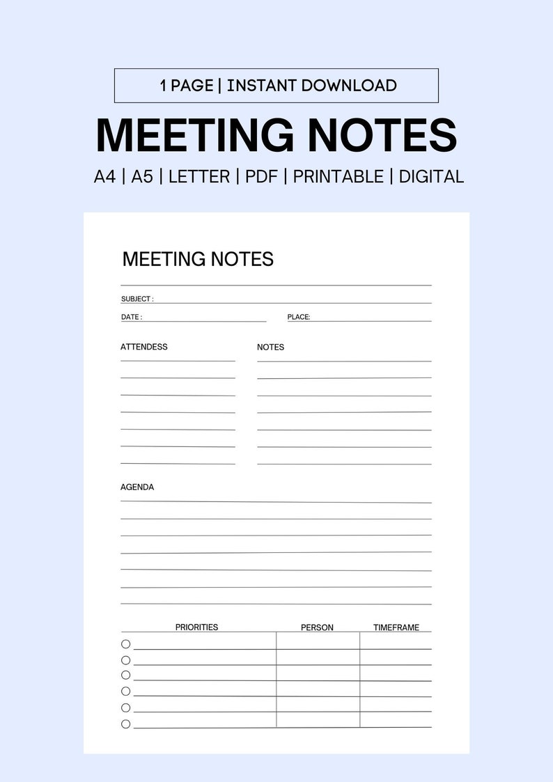 Meeting Notes Front Meeting Notes Template Printable, Meeting Minutes, Meeting Agenda ...